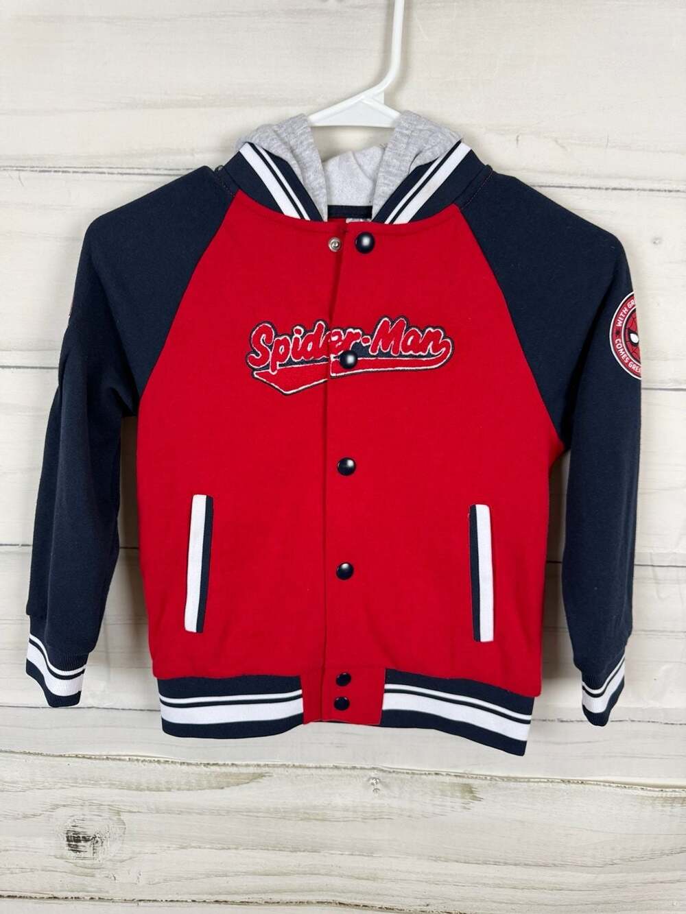 Marvel Spider-Man Boys' Snap Button Varsity Hooded Jacket Size 6